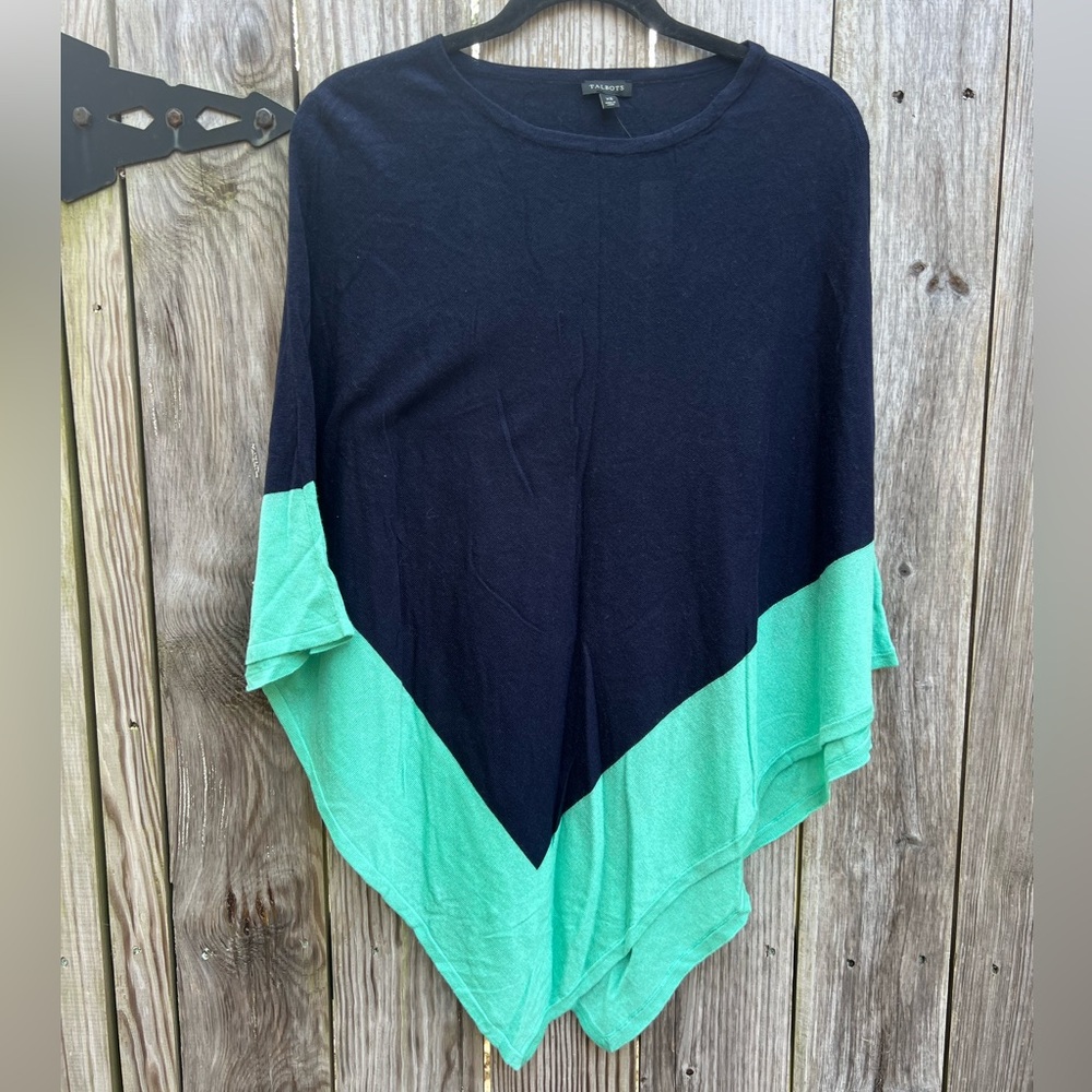 Talbots Navy Blue and Green Wool Blend Lightweight Poncho Sweater XS NWT